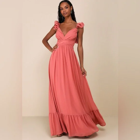 Lulu’s Large Soiree Celebration Rusty Rose Ruffled Lace-Up Maxi Dress - Picture 11 of 11